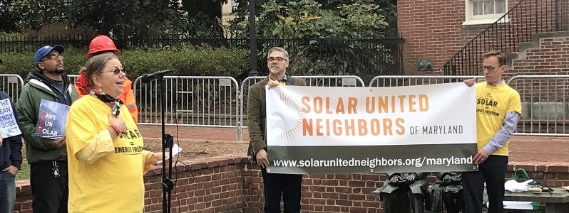 Solar United Neighbors of Maryland volunteer Nancy Franklin speaks at a Maryland Statehouse solar rally in 2018.