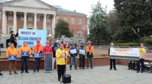 Solar United Neighbors Maryland Action Team member Nancy Franklin speaks at a Clean Energy Jobs rally in 2018.