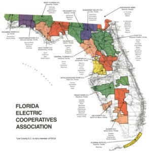 A map showing Florida's rural electric cooperatives. Source: Florida Electric Cooperatives Association.