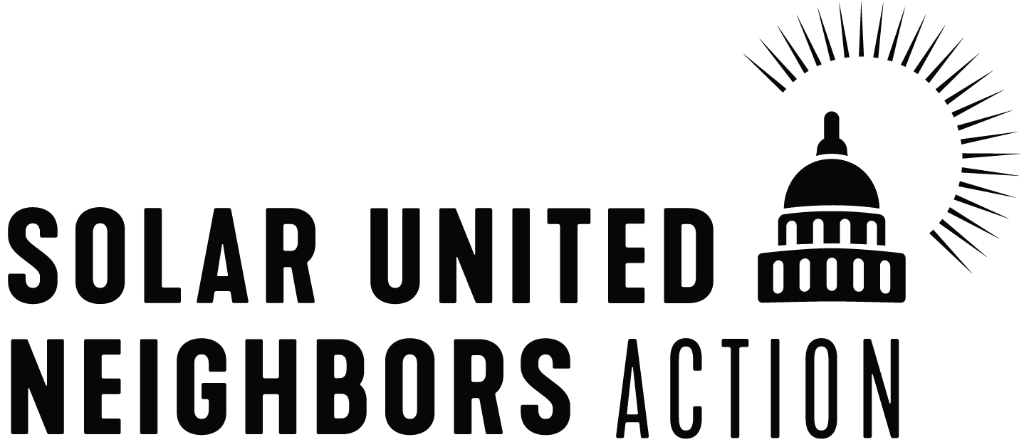 Logo for Solar United Neighbors Action. It includes a drawing of the Capitol building surrounded by sun rays