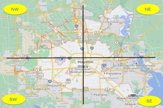 Map of Houston divided into quadrants