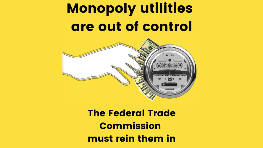 text reads: monopoly utilities are out of control. the federal trade commission must rein them in. picture is of a hand reaching for money behind a utility meter with a yellow background.