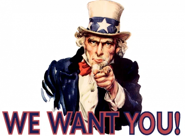 Image of Uncle Sam pointing at the reader with the text "We Want You" below the image